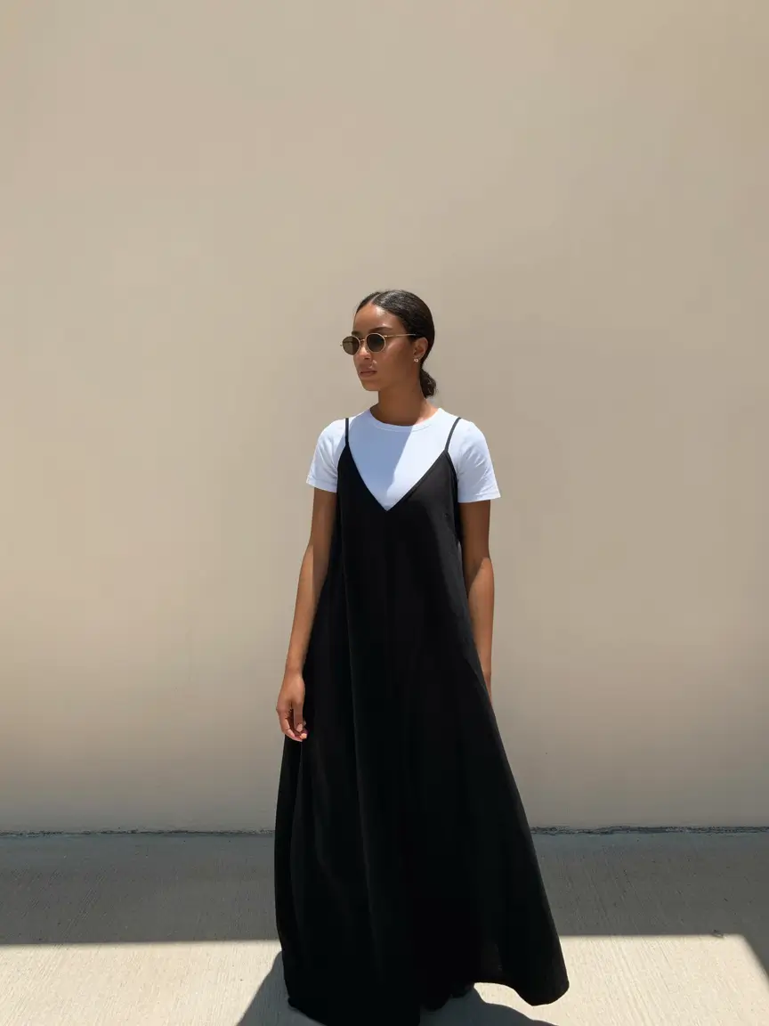 stunning spring outfits for black women 2026 - Minimal Black Slip Dress Over Clean White Layers