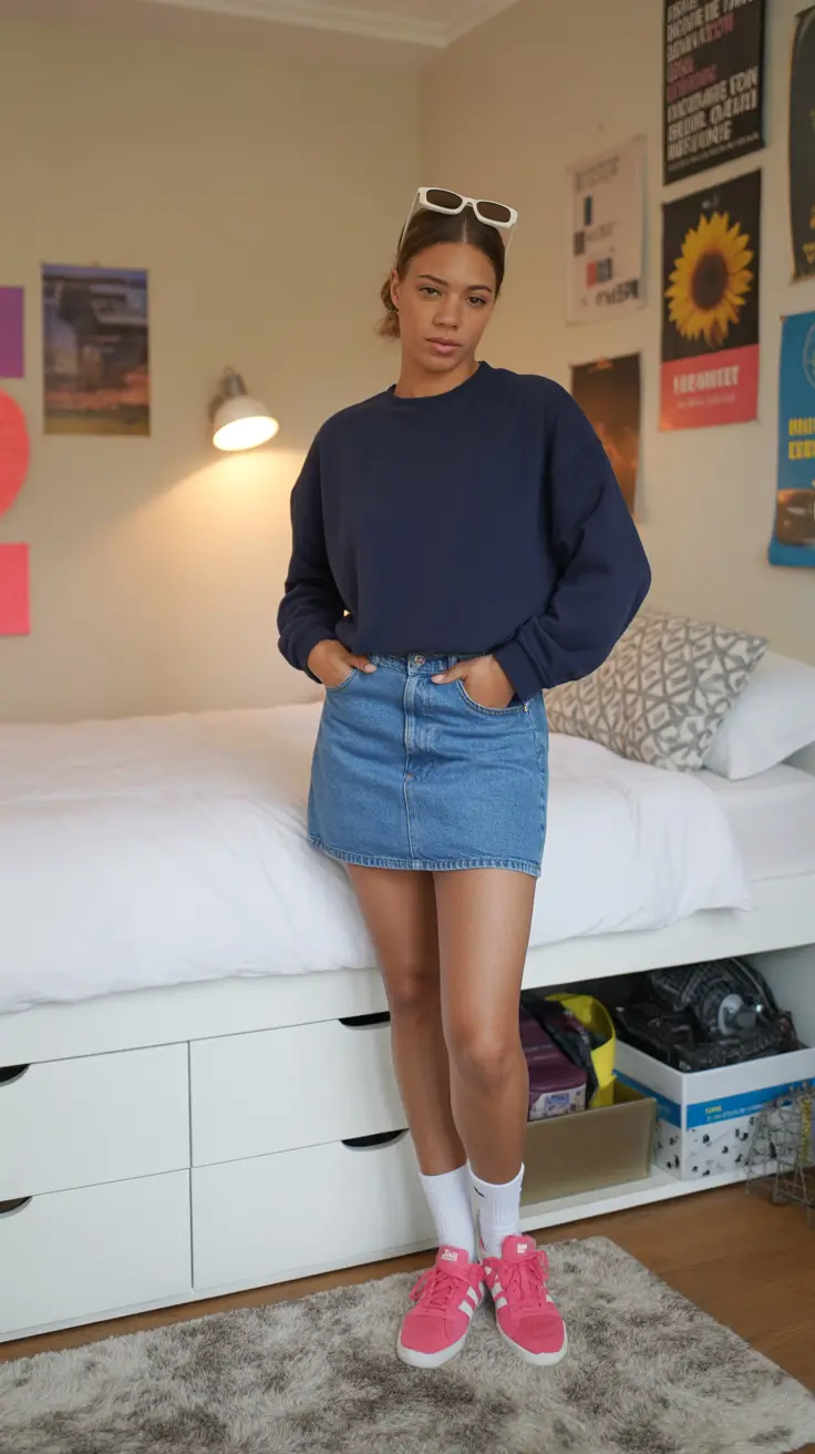 stunning spring outfits for black women 2026 - Denim Mini and Navy Sweatshirt With Playful Pink Sneakers