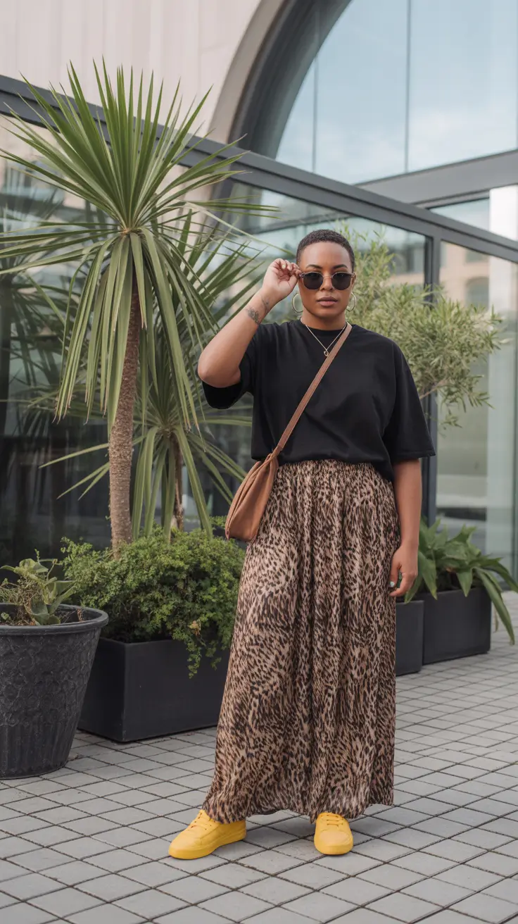 stunning spring outfits for black women 2026 - Leopard Skirt and Black Tee With Bright Yellow Sneakers