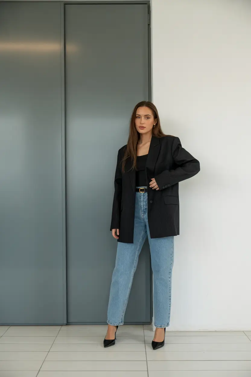 Women spring 2026 Oversized Blazer Power With Classic Straight-Leg Denim
