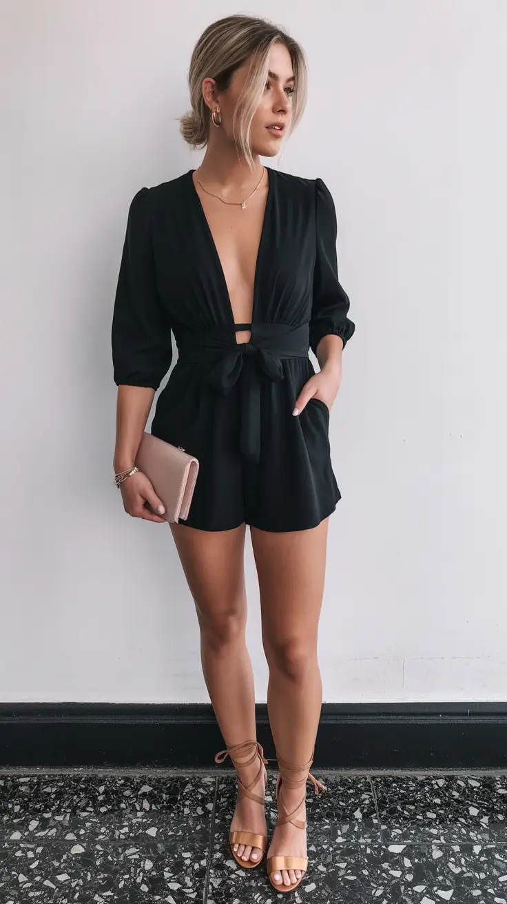 Night party-Black Cutout Romper For Playful Spring Night Energy
