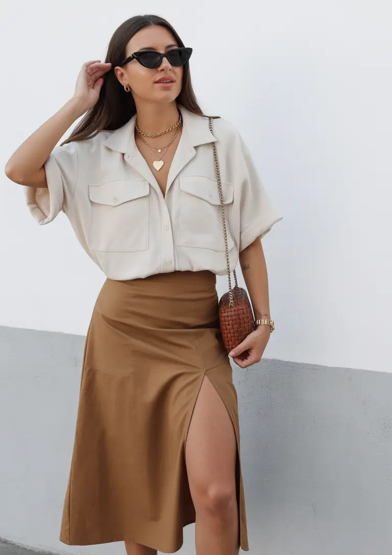 Night-Soft Neutrals With A High-Slit Skirt For A Spring Night Glow