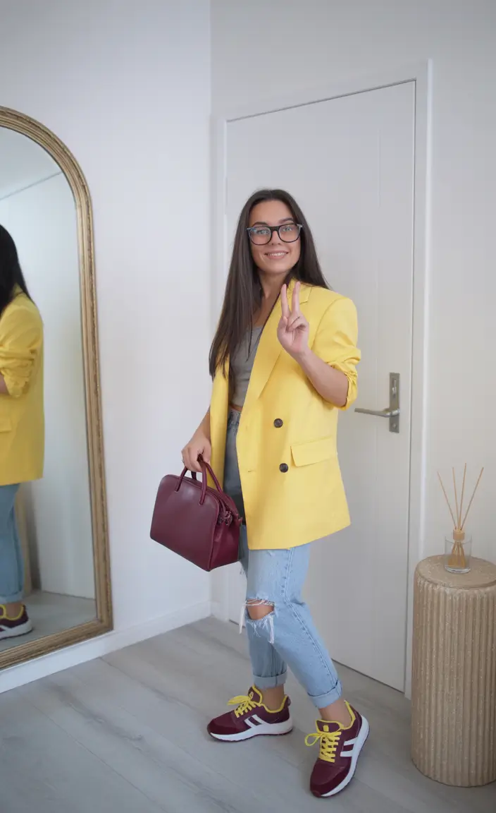 Night casual-Bold Yellow Blazer And Burgundy Accents For A Spring Night Pop