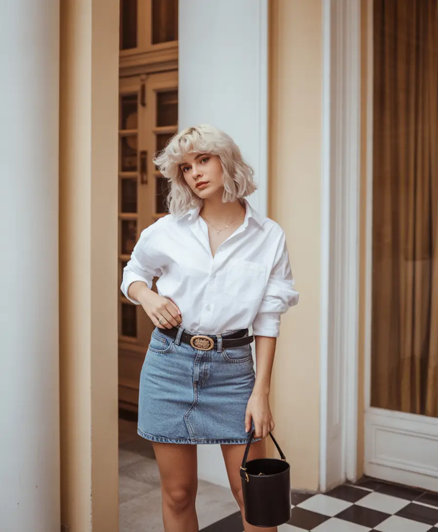 Night casual-Denim Mini And Classic Shirt For Casual Spring Night Charm