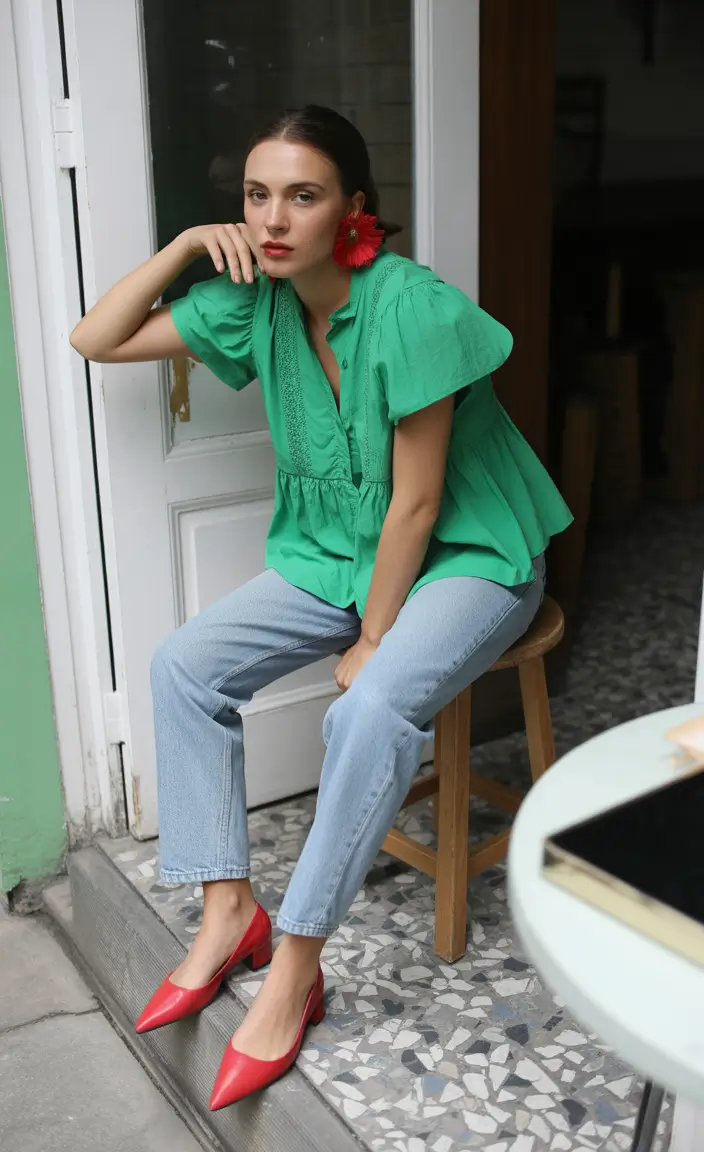 21-trendy-spring-outfits-street-style-2026-Vibrant-Green-Drama-With-Chic-Red-Accents