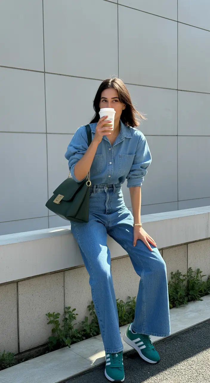 21-trendy-spring-outfits-street-style-2026-Denim-on-Denim-Calm-With-Deep-Green-Accents