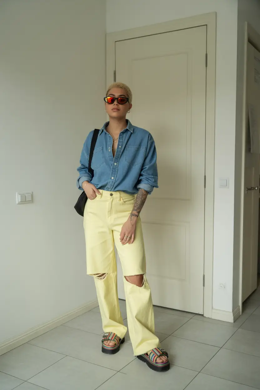 trendy spring school outfits 2026 ideas - The Denim Shirt and Sunny Yellow Pants That Bring Bright Energy Into Spring