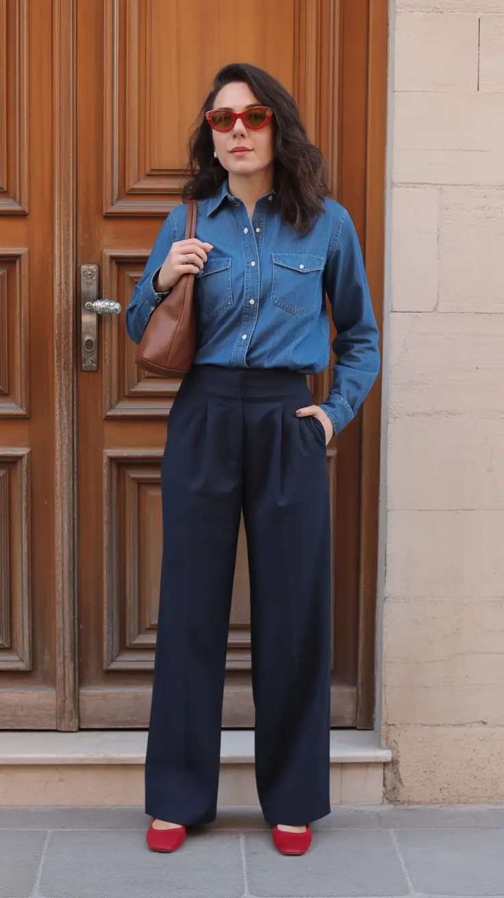 trendy spring school outfits 2026 ideas - The Elevated Denim Shirt and Wide-Leg Trousers for Quiet Spring Sophistication
