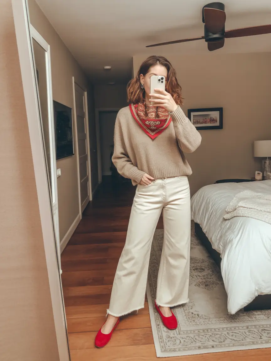 trendy spring school outfits 2026 ideas - The Neutral Sweater and Cream Denim That Capture Early Spring Warmth