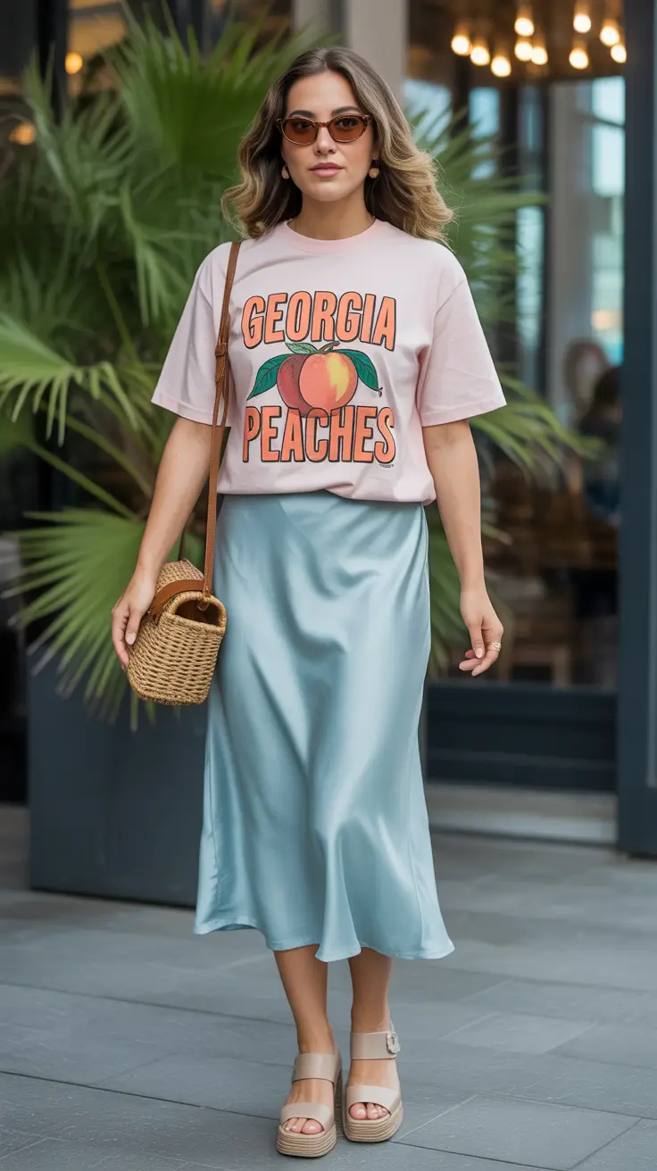 trendy spring school outfits 2026 ideas - The Graphic Tee and Satin Skirt Look That Blends Casual Comfort With Glossy Ease