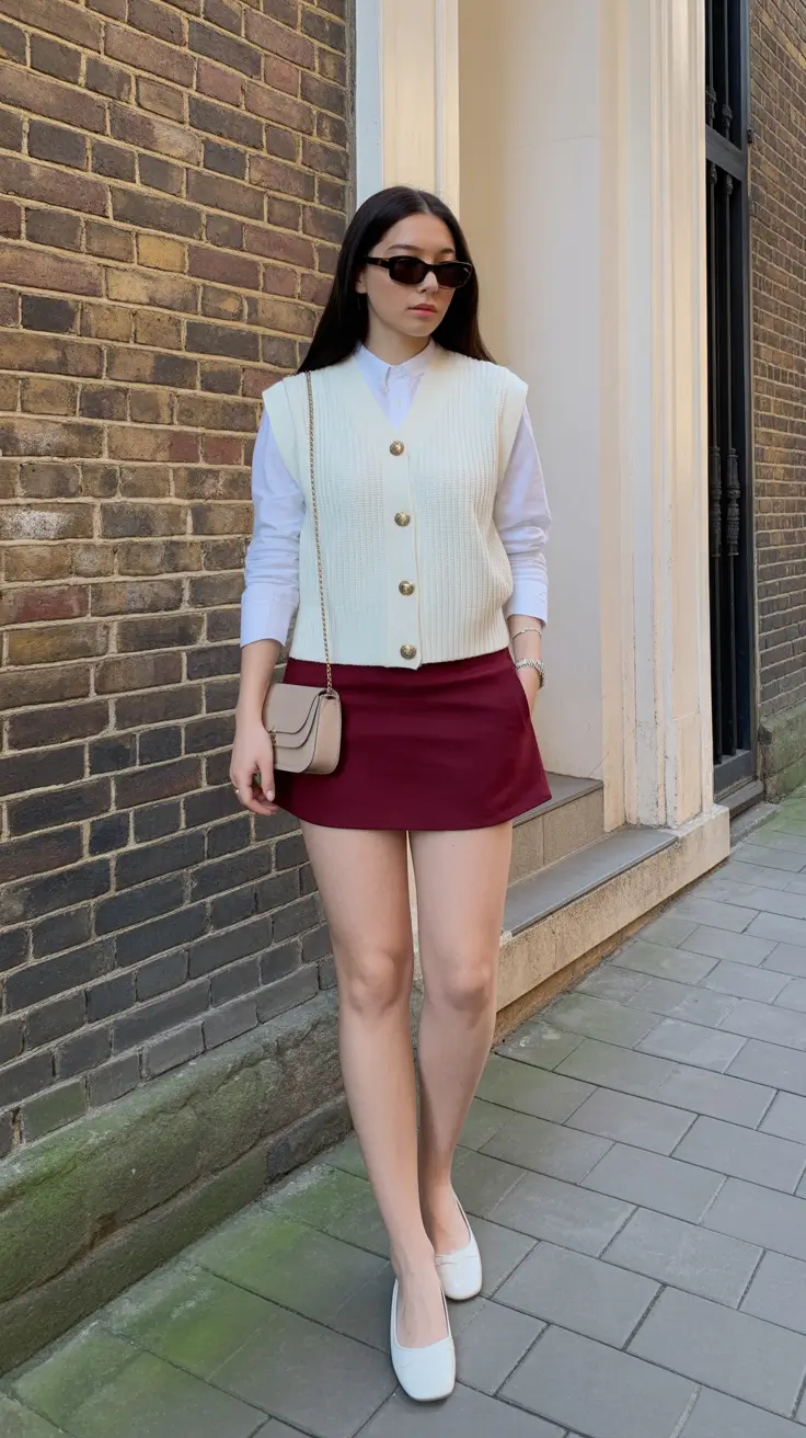 trendy spring school outfits 2026 ideas - The Cream Vest and Burgundy Skirt Combo That Feels Perfectly Spring-Ready