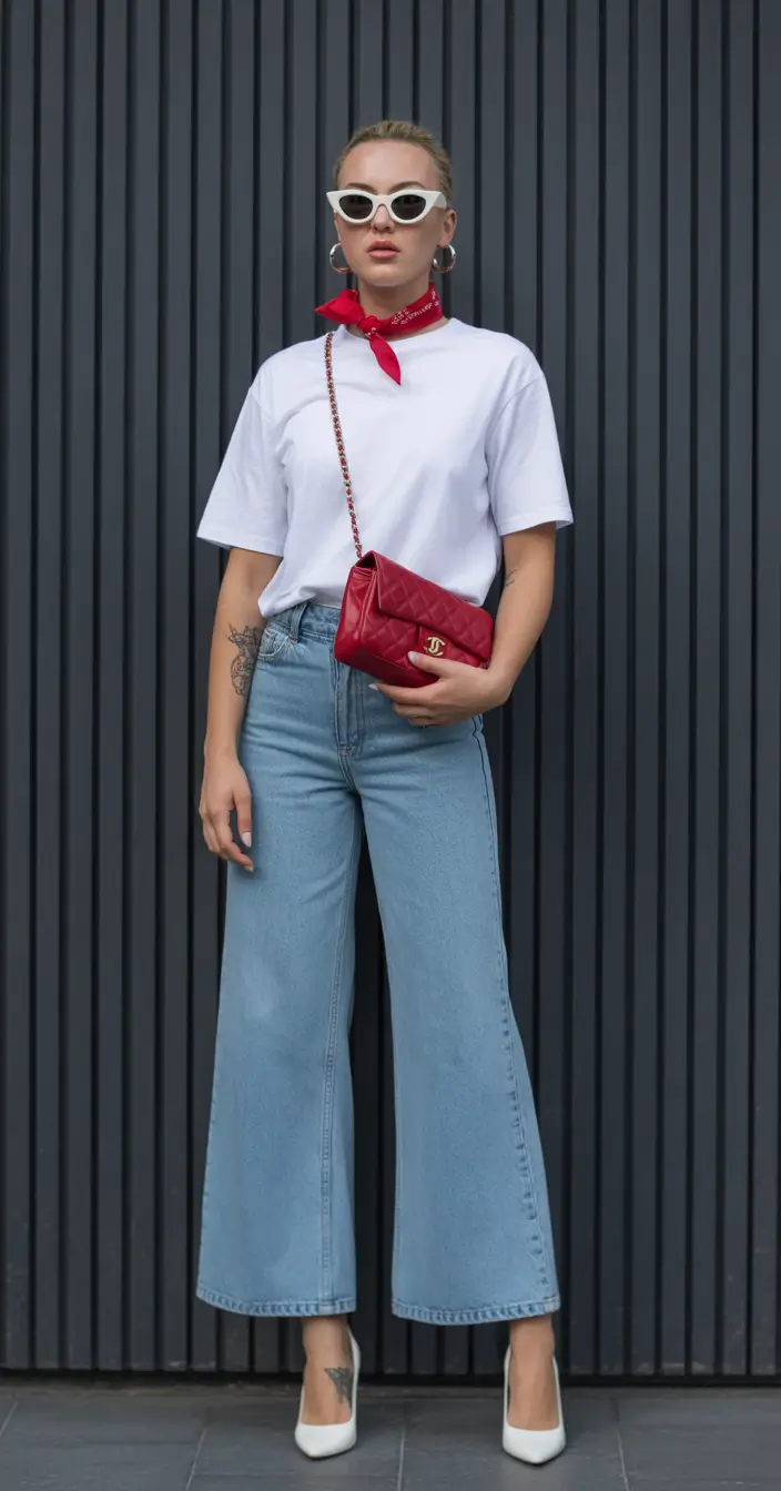 trendy spring school outfits 2026 ideas - The White Tee and Wide-Leg Jeans With Red Accents That Spark Instant Style