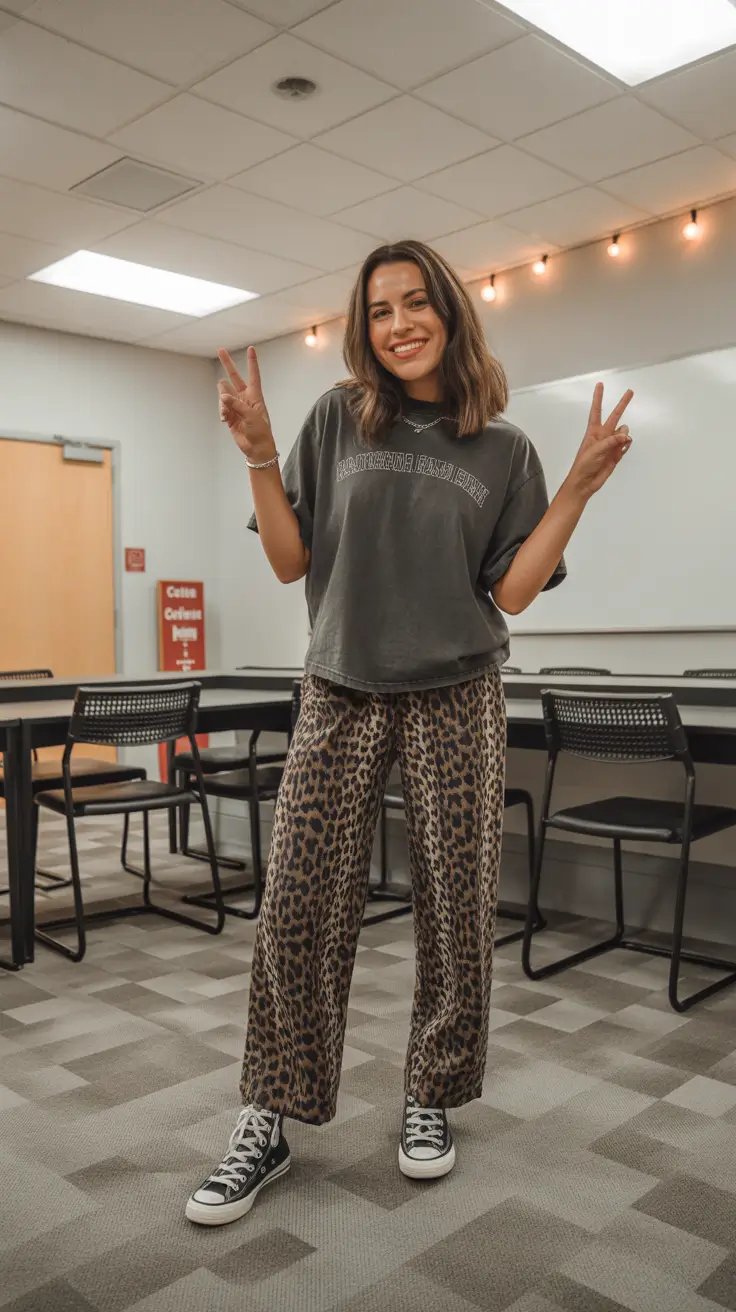 trendy spring school outfits 2026 ideas - Leopard Print and Oversized Tees for a Comfortable Classroom Aesthetic