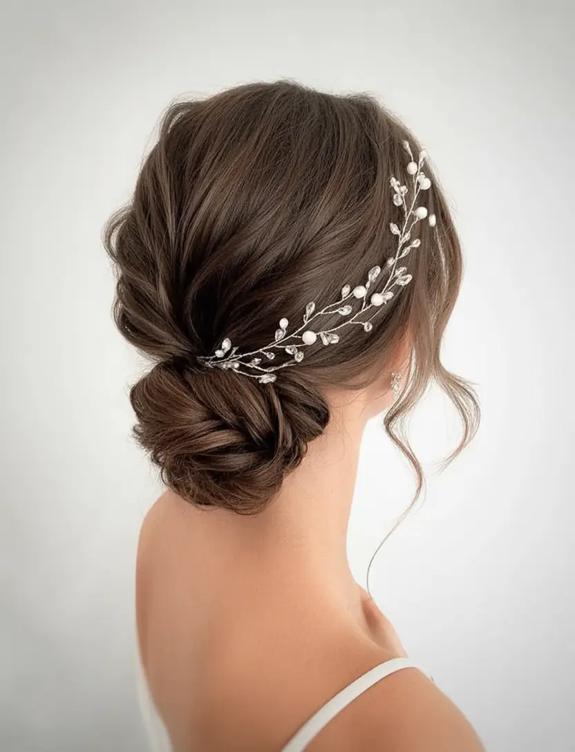 Wedding Twisted Pearl-Vine Low Bun with Soft Side Tendrils
