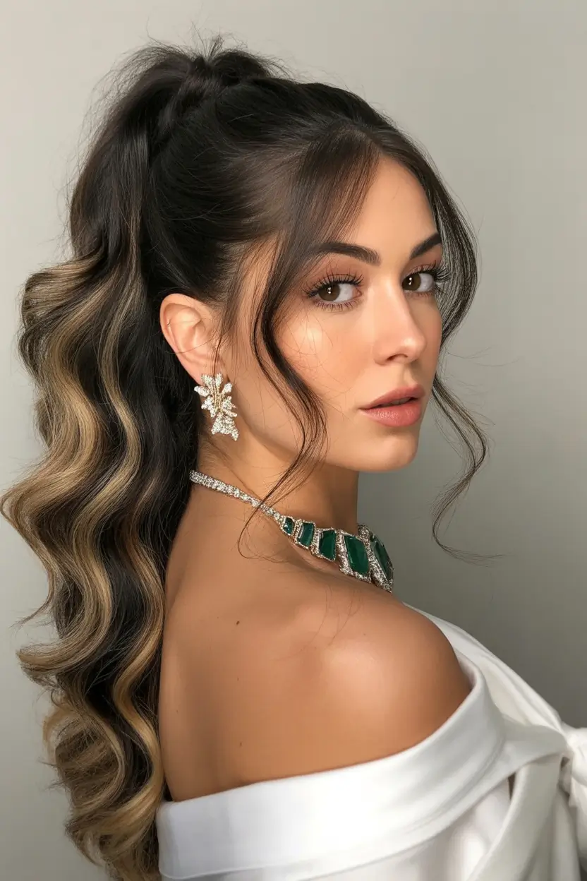 Wedding Vintage-Inspired Ponytail with Delicate Waves and Wispy Bangs