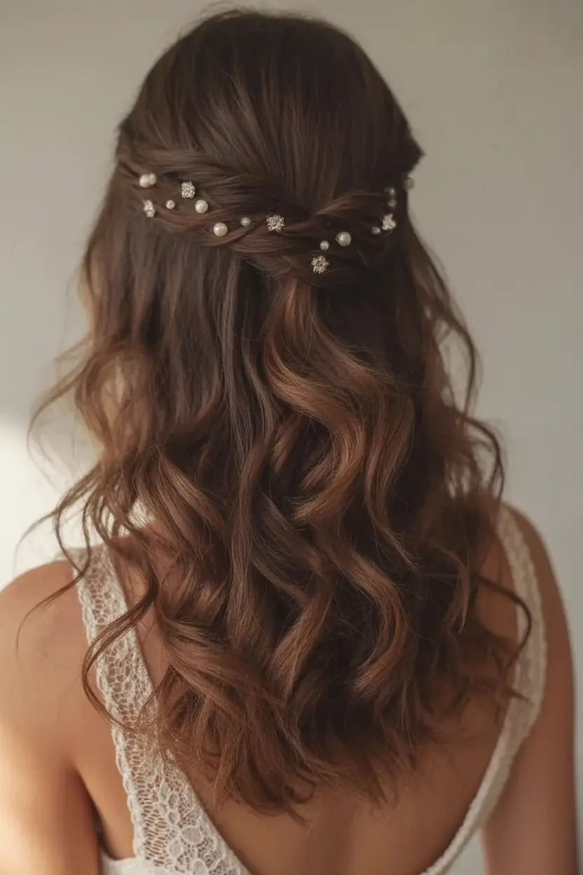 Wedding Half-Up Vintage Twist with Pearl Embellishments