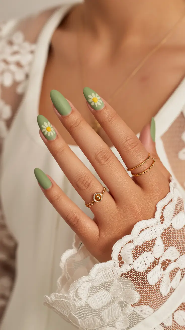 amazing spring almond nails 2026 Soft Sage Almond Nails with Minimal Daisy Art