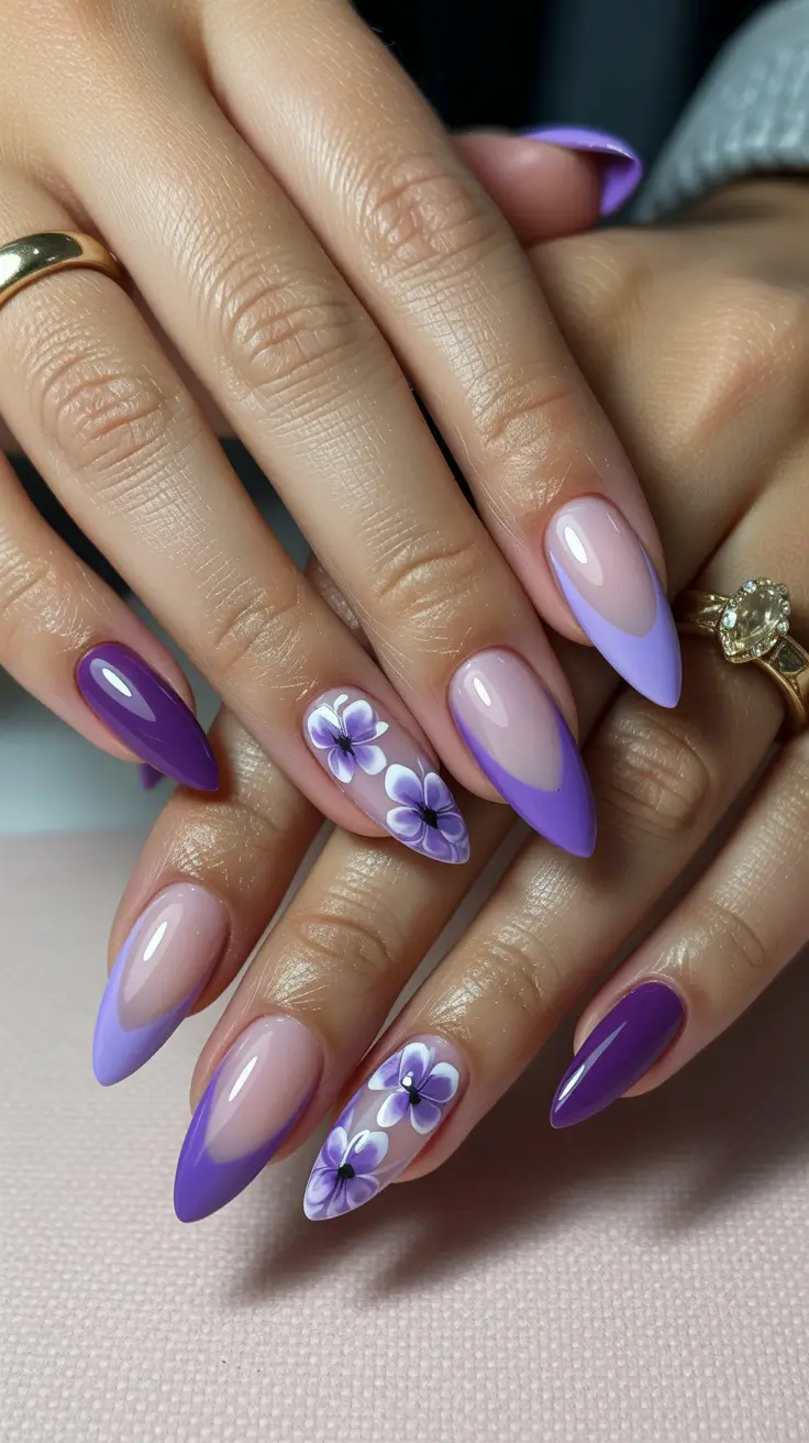 spring almond nails 2026 Lavender Almond Nails with Soft Floral Accent Art