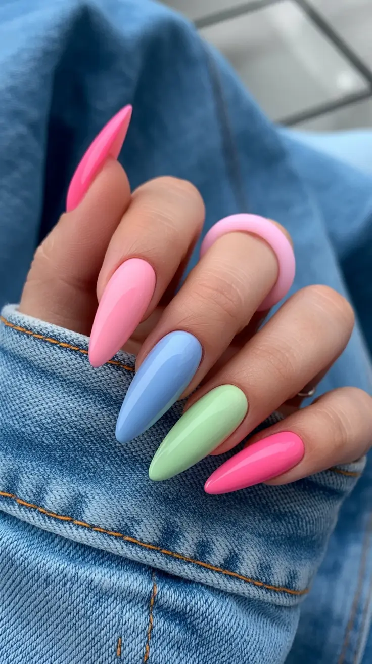 spring almond nails 2026 Playful Pastel Almond Nails in Mixed Spring Colors