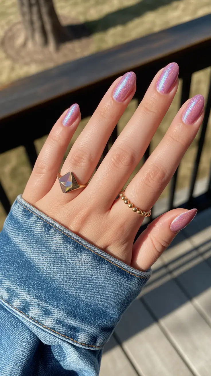 spring almond nails 2026 Iridescent Pink Almond Nails with Soft Holographic Glow