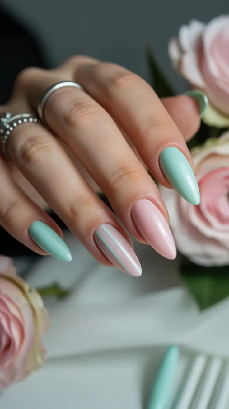 spring almond nails 2026 Soft Mint and Blush Almond Nails with Minimal Stripe Detail