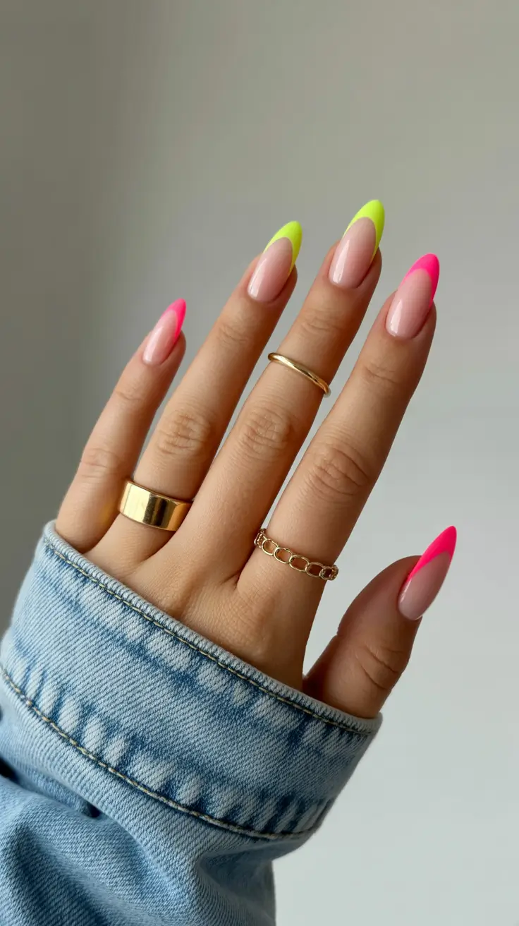 spring almond nails 2026 Neon French Almond Nails with Bright Pink and Yellow Tips