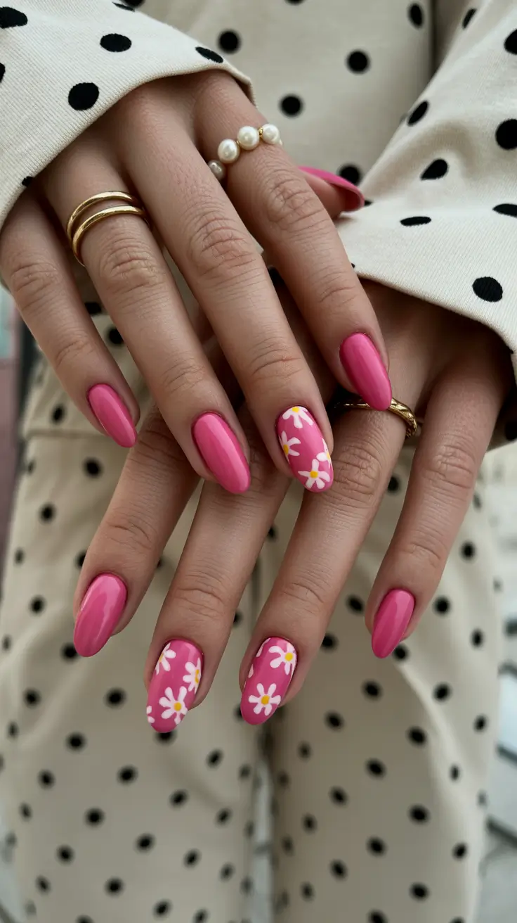 spring almond nails 2026 Playful Pink Almond Nails with Daisy Flower Art