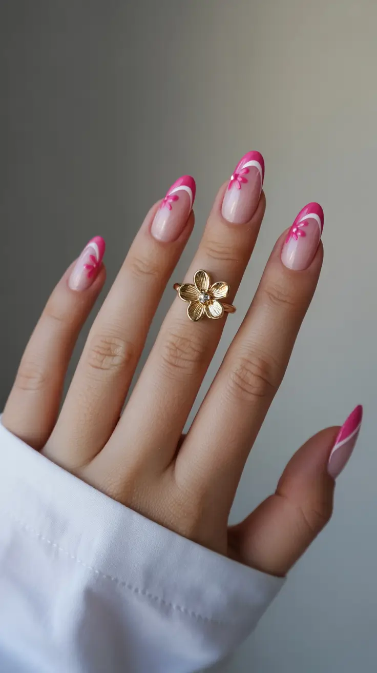 spring almond nails 2026 Soft Pink Almond French with Delicate Floral Accents