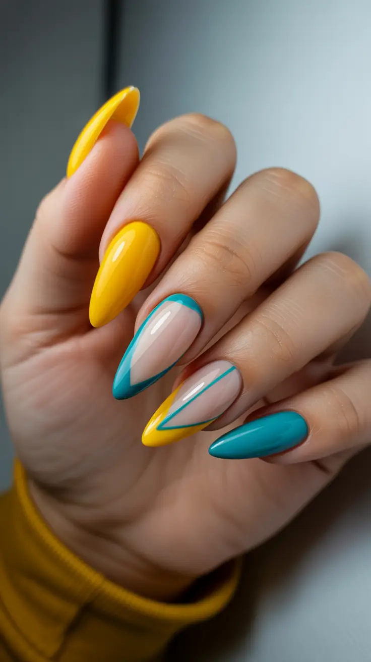 spring almond nails 2026 Bold Yellow and Teal Almond Nails with Modern Geometric Lines
