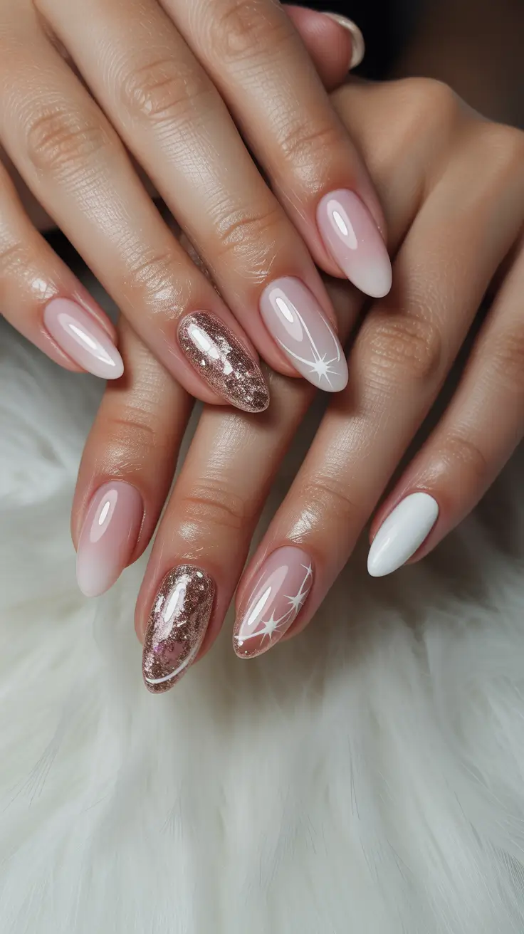spring almond nails 2026 Elegant Blush Almond Nails with Glitter and Star Accents