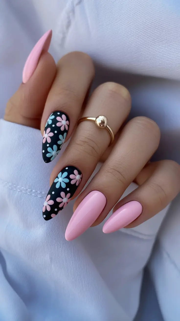 amazing spring almond nails 2026 Playful Black and Pink Almond Nails with Retro Floral Accents
