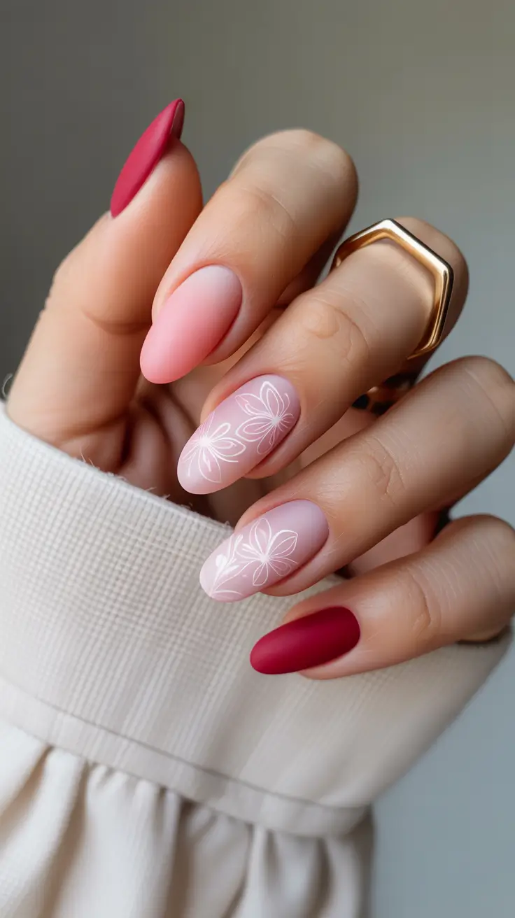 amazing spring almond nails 2026 Romantic Pink and Red Almond Nails with Minimal Line Art Flowers