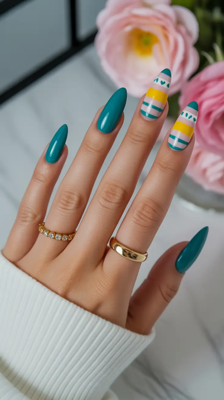 spring almond nails 2026 Fresh Teal Almond Nails with Playful Spring Stripe Art
