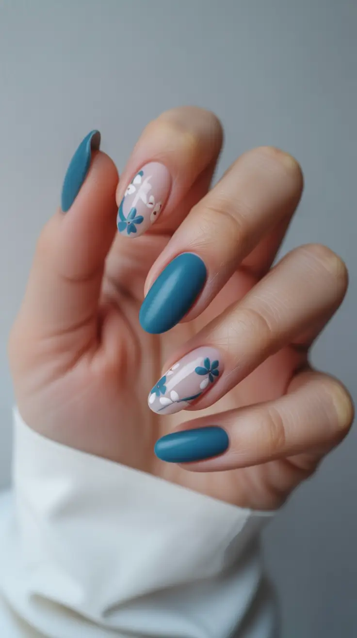 spring almond nails 2026 Matte Teal Almond Nails with Delicate Floral Branch Details