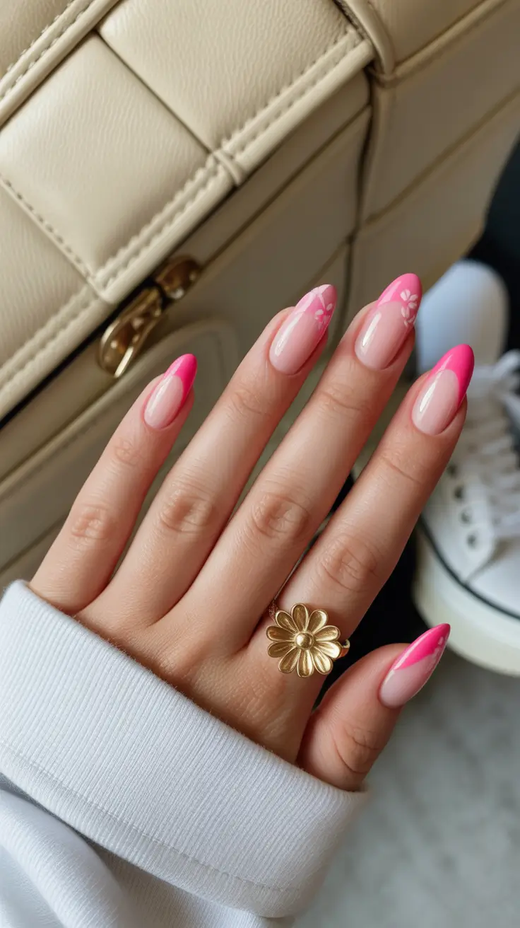 spring almond nails 2026 Bright Pink Almond French with Minimal Floral Touch