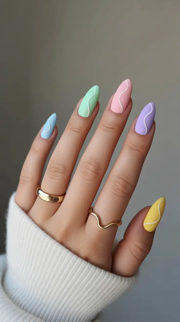 amazing spring nail art inspiration 2026 Pastel Rainbow Almond Nails With Minimal White Lines
