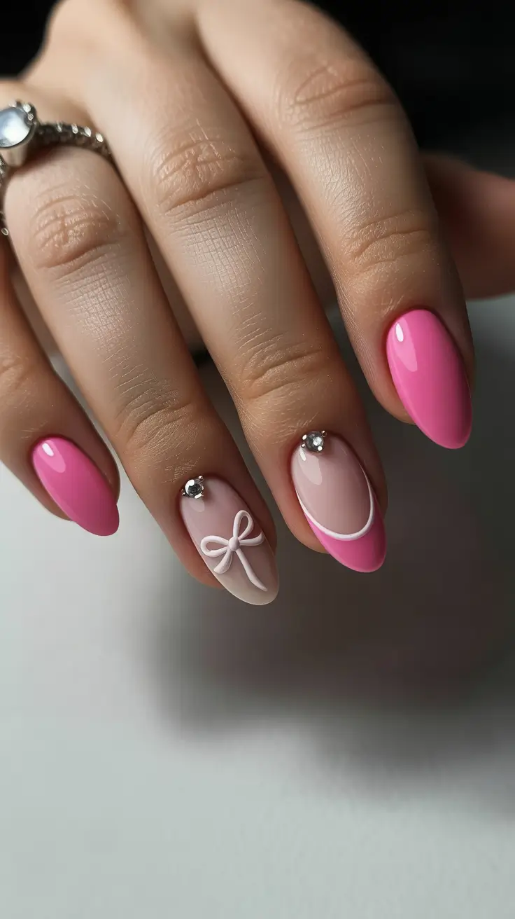 amazing spring nail art inspiration 2026 Romantic Pink Bow Accents With Elegant Shine