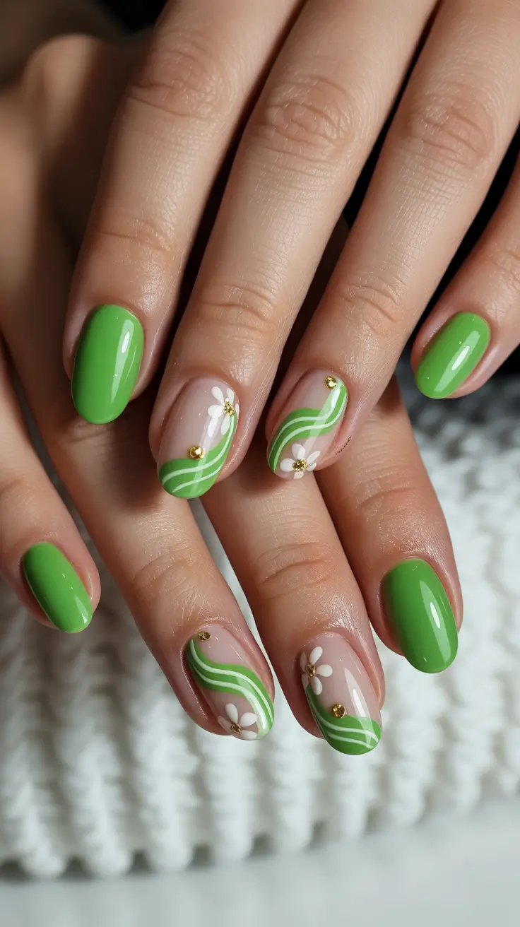 amazing spring nail art inspiration 2026 Fresh Botanical Green Waves With Delicate Floral Touches