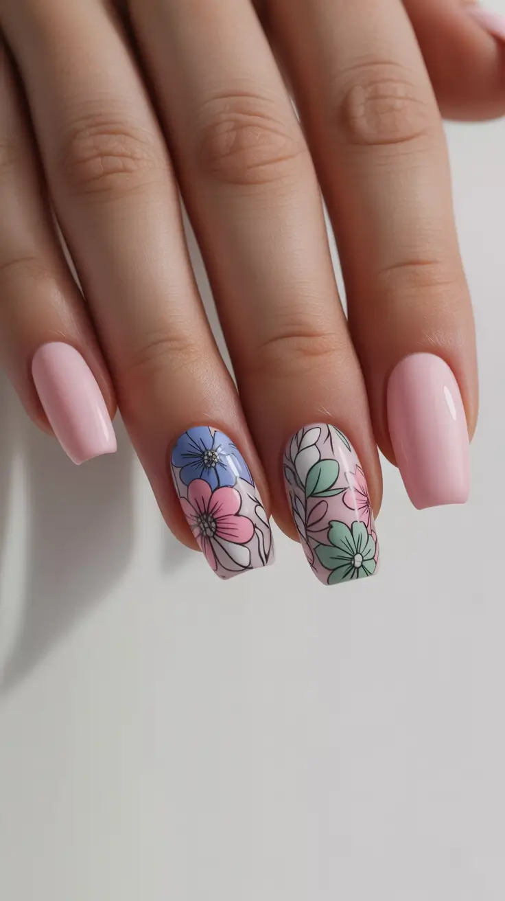 amazing spring nail art inspiration 2026 Soft Pink Floral Story With Modern Square Shape