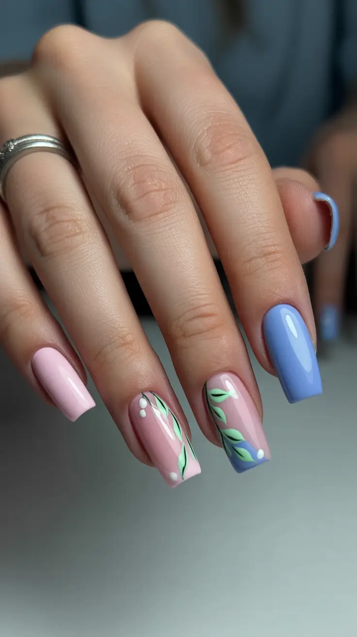amazing spring nail art inspiration 2026 Soft Botanical Color Block With Modern Spring Balance