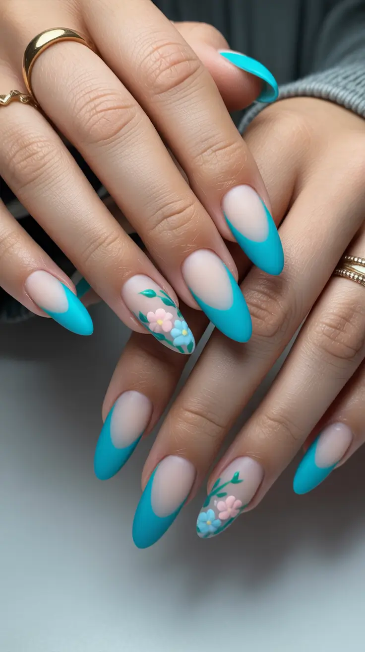 amazing spring nail art inspiration 2026 Turquoise Almond French With Delicate Floral Accents