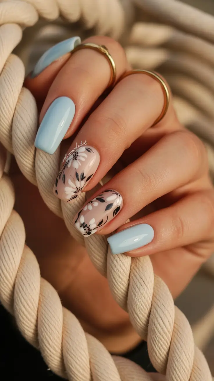 amazing spring nail art inspiration 2026 Powder Blue Florals With Soft Vintage Mood