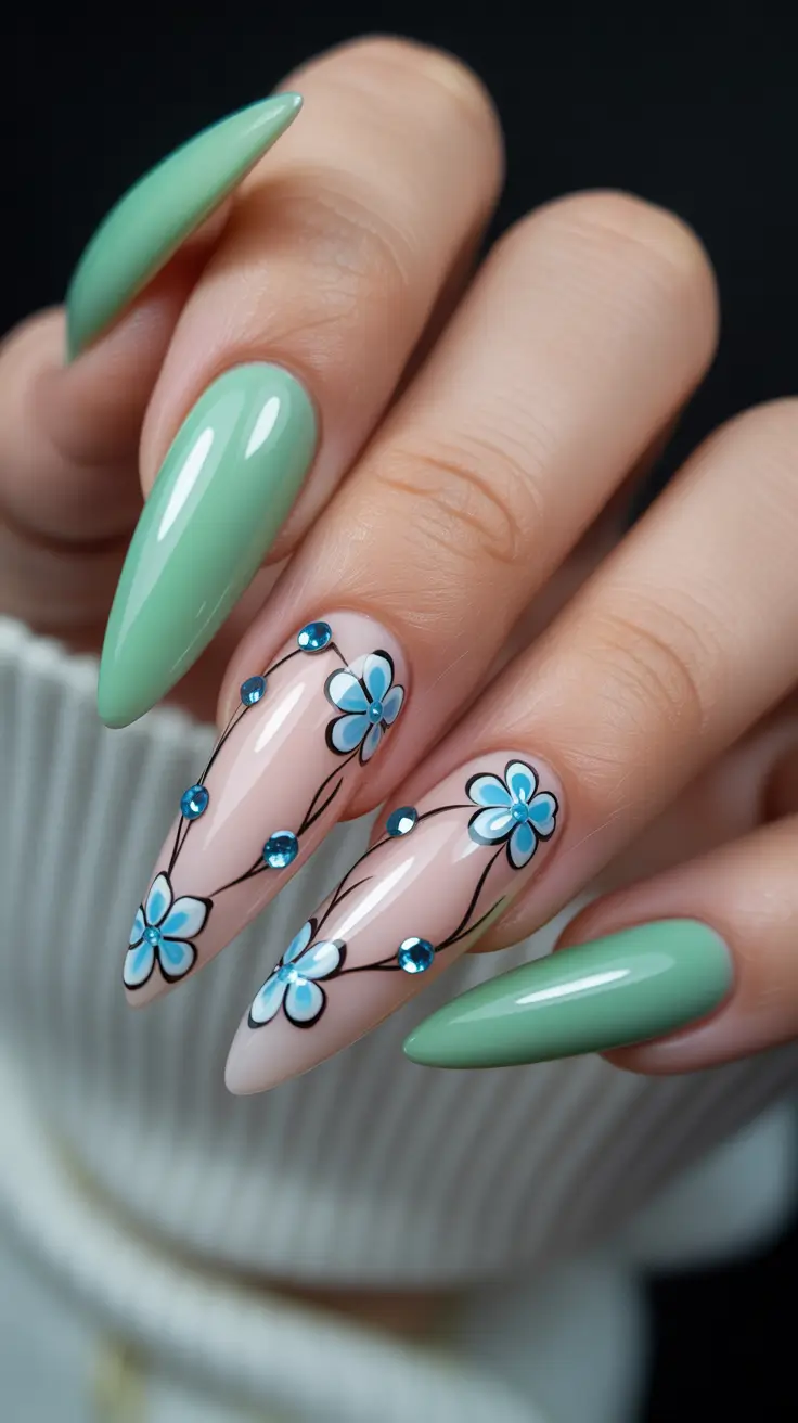 amazing spring nail art inspiration 2026 Mint Green Almond Nails With Sparkling Floral Details