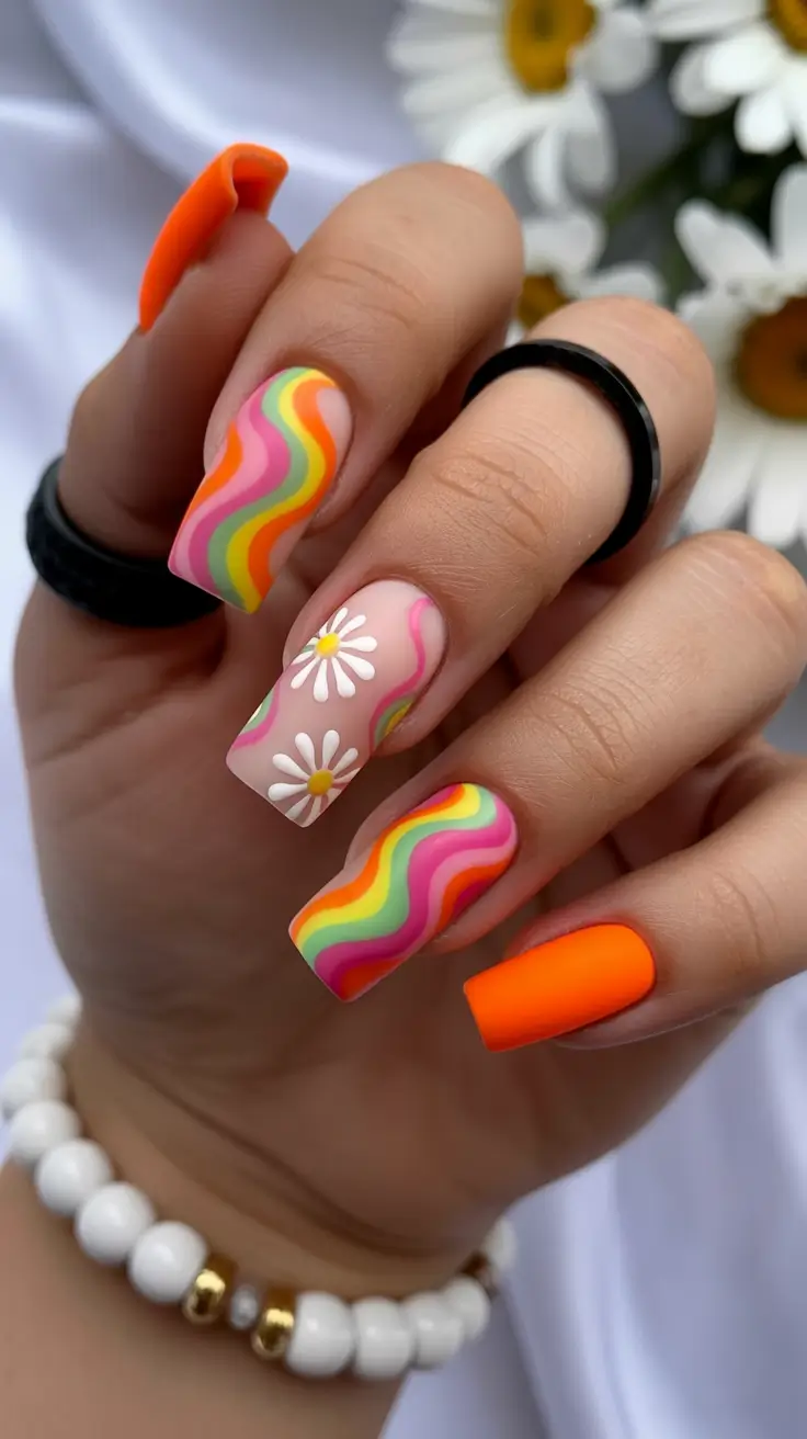 amazing spring nail art inspiration 2026 Retro Rainbow Waves And Daisy Accents For Playful Energy