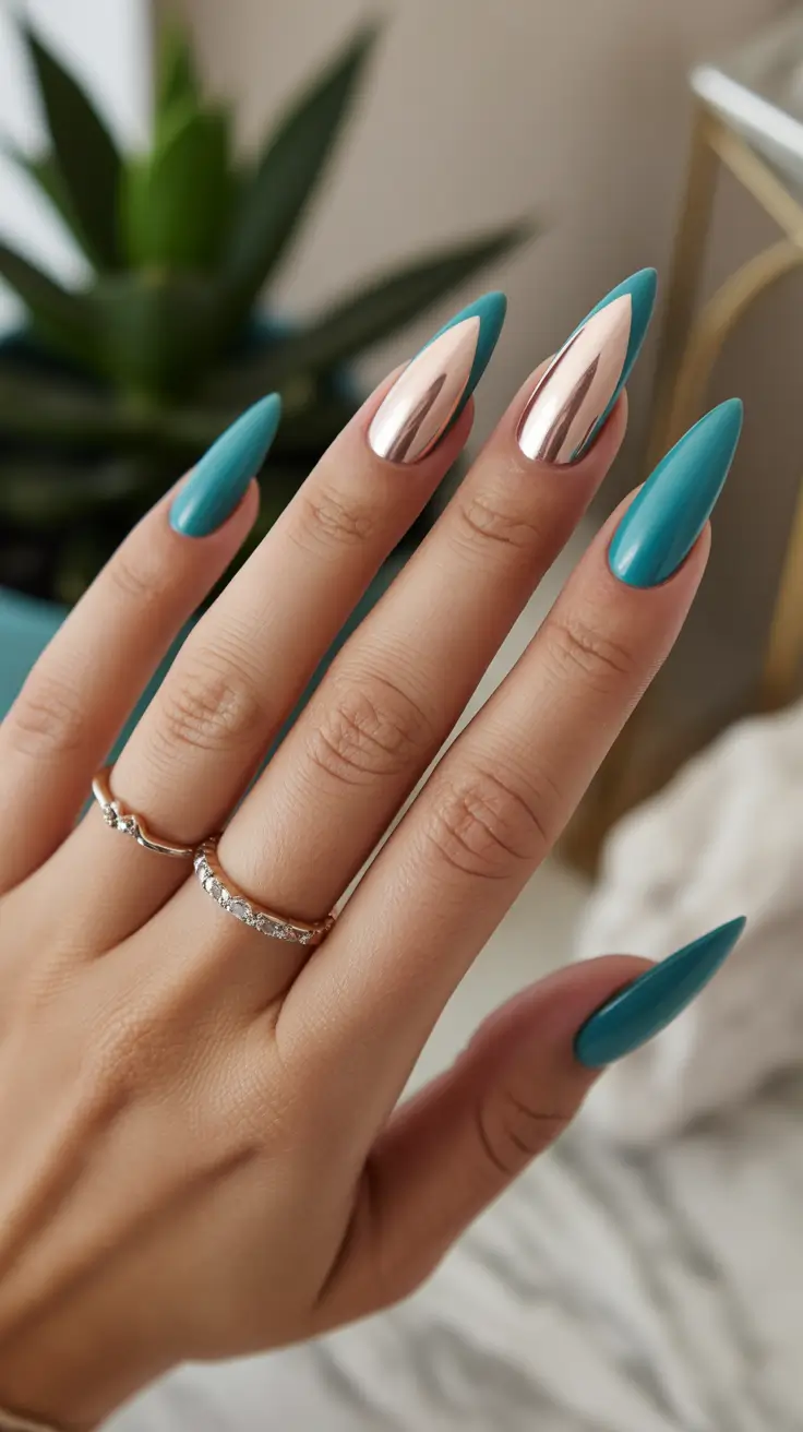 best classy spring nails 2026 Teal Chrome Contrast on Sculpted Almond