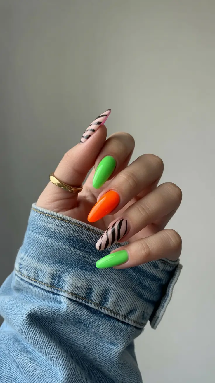 best classy spring nails 2026 Neon Zebra Accent Almond