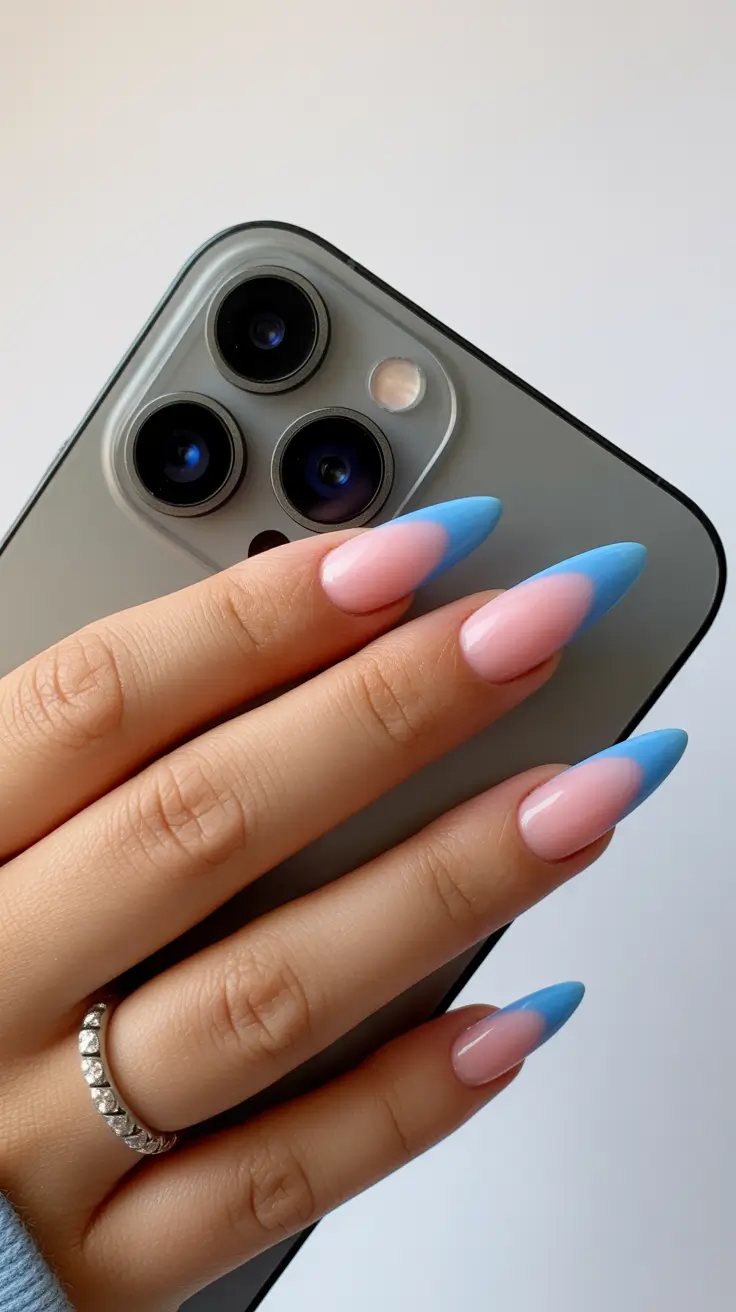 best classy spring nails 2026 Sky Blue Micro French Almond