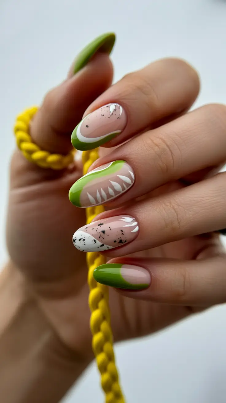 best classy spring nails 2026 Graphic Olive Accent Almond