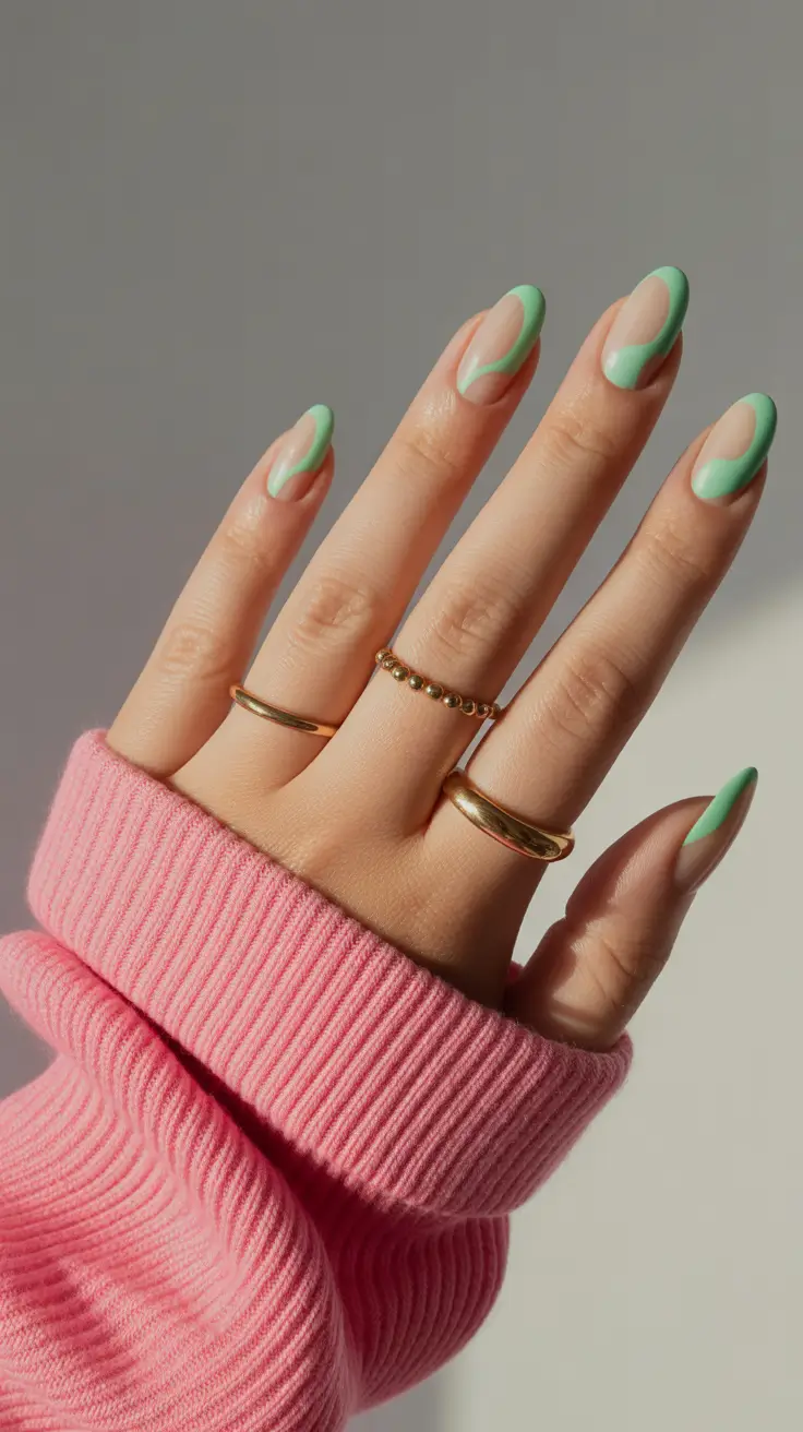best classy spring nails 2026 Mint Wave Negative Space Almond
