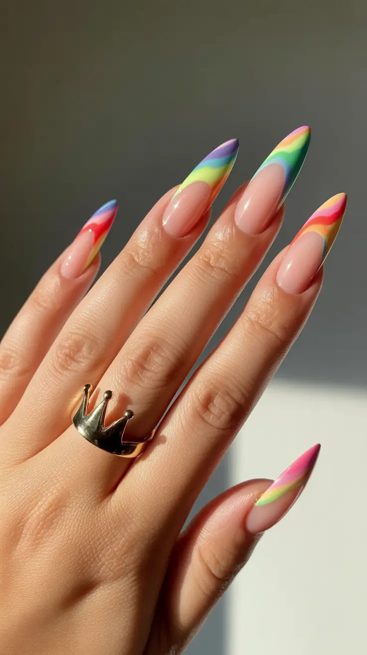 best classy spring nails 2026 Rainbow Micro French Almond